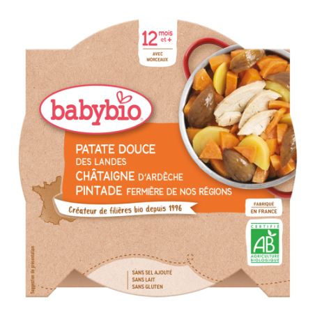 Zoete aardappel, kastanje en scharrel parelhoen