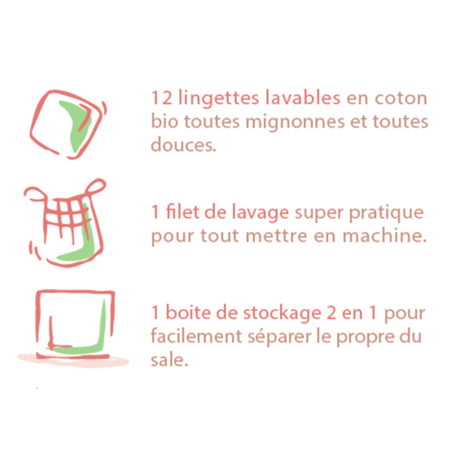 Set van 12 wasbare biologisch katoenen doekjes + wasnet + handleiding eerste stapjes