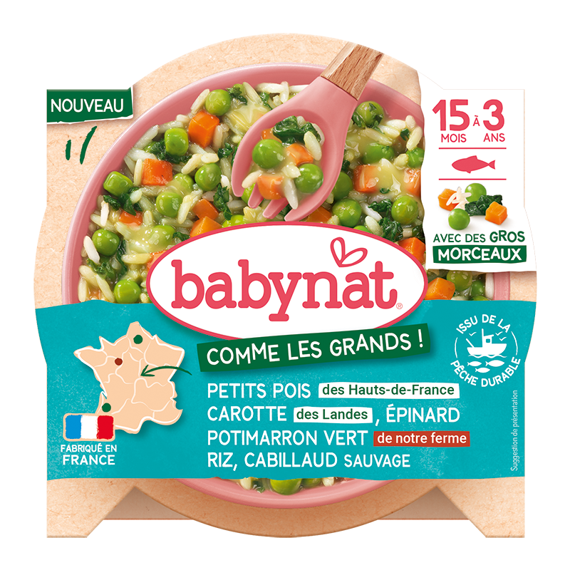 Petits pois Hauts-de-France Carotte des landes Epinard Potimarron Vert de notre ferme Riz Cabillaud sauvage - gros morceaux