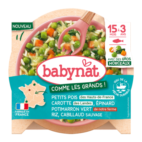 Petits pois Hauts-de-France Carotte des landes Epinard Potimarron Vert de notre ferme Riz Cabillaud sauvage - gros morceaux