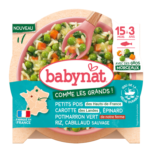 Petits pois Hauts-de-France Carotte des landes Epinard Potimarron Vert de notre ferme Riz Cabillaud sauvage - gros morceaux