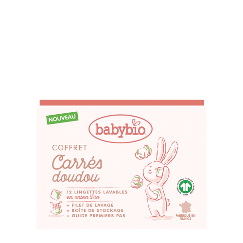 Set van 12 wasbare biologisch katoenen doekjes + wasnet + handleiding eerste stapjes